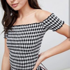 Checked Smocked Off The Shoulder Top